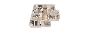 A 3D floor plan of a house showing a living room, kitchen, and two bedrooms.