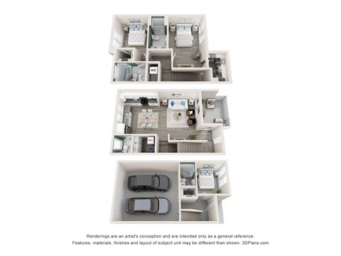 a 3d floor plan of a 3 bedroom apartment