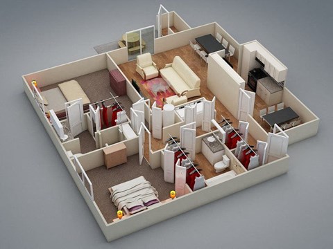 a 3d floor plan of a room with a bed