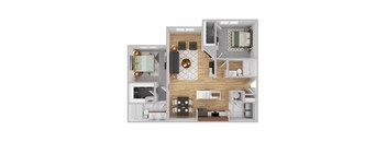 a 3d rendering of a bedroom and living room with wood floor