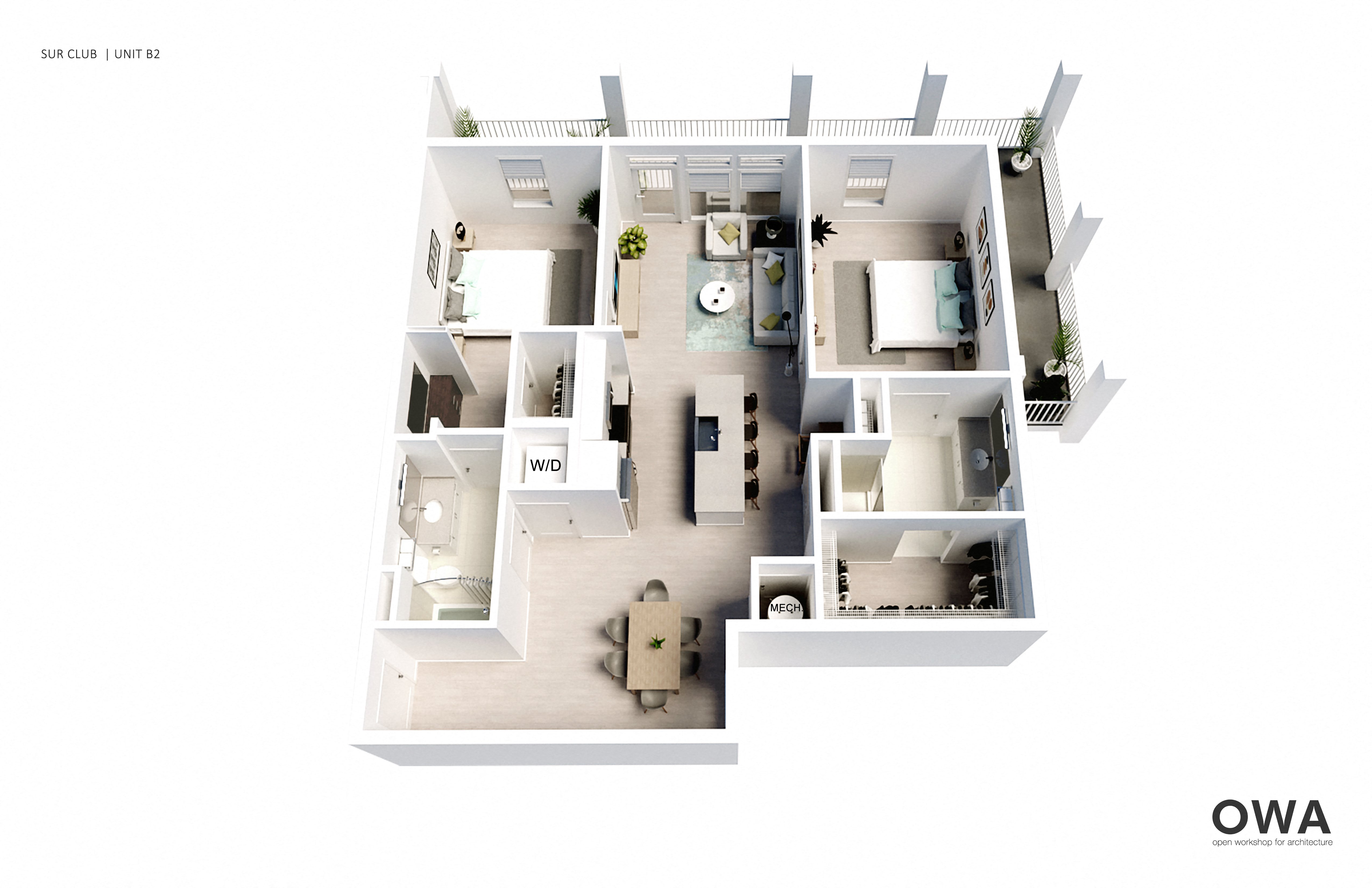 A floor plan of a sub club unit with a kitchen, living room, and two bedrooms.