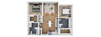 A top-down view of a small apartment layout with a kitchen, living room, and bedroom.