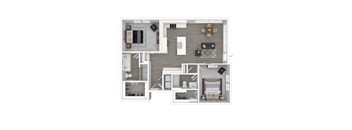 A top-down view of a modern apartment layout with a kitchen, living room, and bedrooms.
