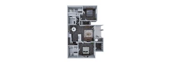 A 3D floor plan of a modern apartment with a living room, kitchen, and bedroom.