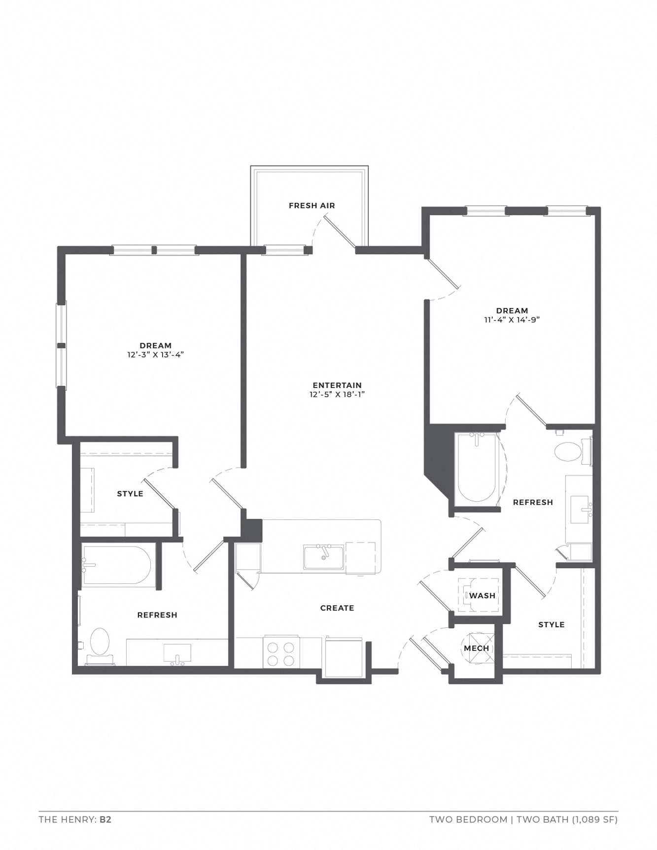 A floor plan of a two bedroom, two bathroom apartment.