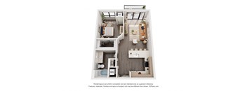 A 3D floor plan of a small apartment with a kitchen, living room, and bathroom.