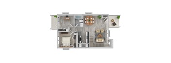 A 3D floor plan of a house with a living room, dining room, kitchen, and two bedrooms.