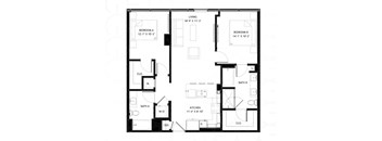 A black and white image of a floor plan for a two-bedroom apartment.