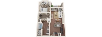 A dollhouse with a living room, kitchen, and bathroom.