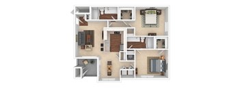 A 3D floor plan of a small apartment with a kitchen, living room, and bedrooms.