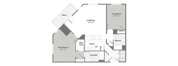 A floor plan of a house with a living area, two bedrooms, a kitchen, a bathroom, and a closet.