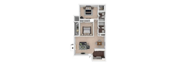From the entry door at the bottom right, the kitchen is directly ahead on the right, opening into the living room on the left with balcony access. The first bedroom is at the top left with an attached bathroom. The second bedroom is at the top right with a bathroom located just outside the bedroom door off the hallway.