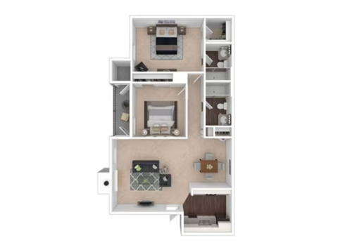 From the entry door at the bottom right, the kitchen is directly ahead on the right, opening into the living room on the left with balcony access. The first bedroom is at the top left with an attached bathroom. The second bedroom is at the top right with a bathroom located just outside the bedroom door off the hallway.