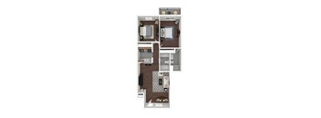 A floor plan of a small apartment with a kitchen, living room, and two bedrooms.