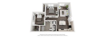 A 3D floor plan of a house with a kitchen, living room, and two bedrooms.