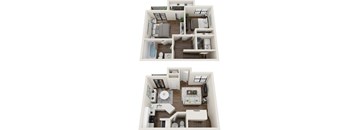 A floor plan of a small apartment with two bedrooms and a living area.
