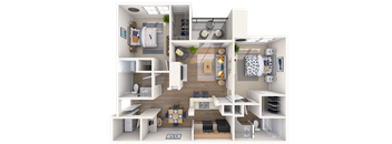A 3D floor plan of a small apartment with a kitchen, living room, and bathroom.
