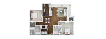 A floor plan of a house with a kitchen, living room, and two bedrooms.
