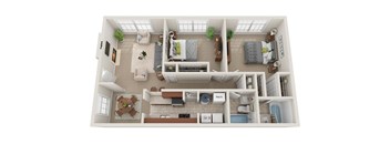 A top-down view of a two-bedroom apartment with a living room, kitchen, and bathroom.