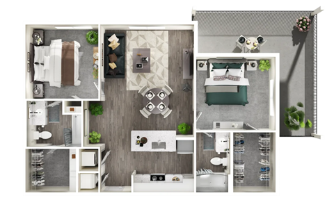 A floor plan of a house with a kitchen, living room, and two bedrooms.
