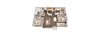 A top down view of a house interior with a living room, dining room, kitchen, and bedrooms.