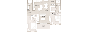 A floor plan of a house with a living room, dining room, kitchen, and two bedrooms.