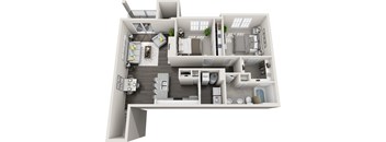 A 3D floor plan of a house with a kitchen, living room, and bathroom.