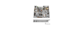 A floor plan of a two-bedroom apartment with an alternative entry.