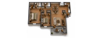 A top down view of a house layout with a kitchen, living room, dining room, and bathrooms.
