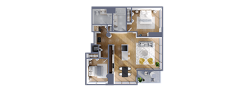 A top-down view of a house layout with a kitchen, living room, and bathroom.