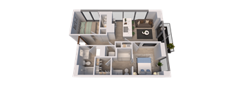 A 3D floor plan of a house with multiple rooms and furniture.