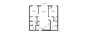 A black and white floor plan of a patio/balcony with three bedrooms, a living room, a kitchen, a dining room, a bathroom, a pantry, a walk-in closet, and a patio