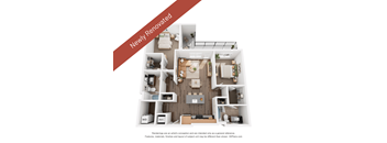 A 3D rendering of a newly renovated apartment layout.