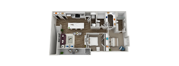 A 3D floor plan of a house with a kitchen, living room, dining room, and bedrooms.