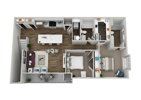 A 3D floor plan of a house with a kitchen, living room, dining room, and bedrooms.