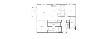 A floor plan of a house with a living room, two bedrooms, a bathroom, a kitchen, and a balcony.