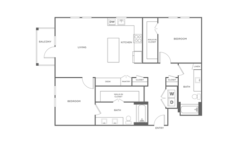 A floor plan of a house with a living room, two bedrooms, a bathroom, a kitchen, and a balcony.