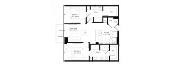 A black and white image of a floor plan for a two bedroom apartment.