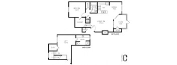 2 bed, 2 bath, 1,033 sq. ft. townhome. From the entry door, the living room is straight ahead, with the kitchen and dining area to the right and access to a patio with outdoor storage. A bedroom and bathroom are located on the first floor. Upstairs, there is a loft space, closet, and the second bedroom with an attached bathroom.