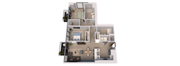 A 3D floor plan of a house with a living room, kitchen, dining room, and bedrooms.