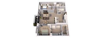 A 3D floor plan of a house with two bedrooms, a living room, a kitchen, and a bathroom.