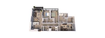A 3D floor plan of a house with multiple rooms and furniture.