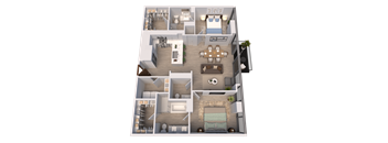 A 3D floor plan of a house with a living room, dining room, kitchen, and bedrooms.