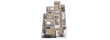 A 3D rendered image of a house layout with multiple rooms.