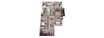 A 3D rendered image of a house layout.
