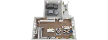 a 3d rendering of a floor plan with a car and a balcony