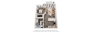 A 3D floor plan of a small apartment with a kitchen, living room, and bathroom.