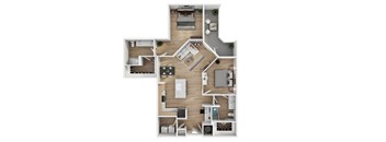 A floor plan of a house with a kitchen, living room, dining room, and two bedrooms.