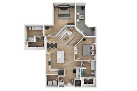 A floor plan of a house with a kitchen, living room, dining room, and two bedrooms.