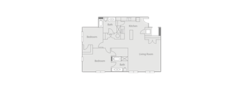 A floor plan of a house with two bedrooms, a living room, a kitchen, and two bathrooms.